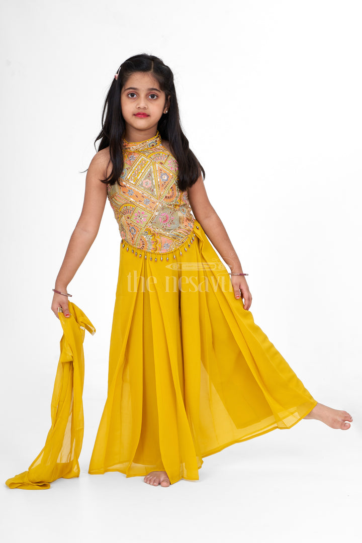 Girls Yellow Georgette Embroidered Sharara Plazo Set Christmas Special Dress