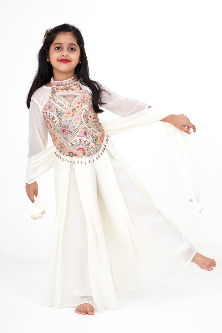 Girls White Georgette Embroidered Sharara Plazo Set with Halter Neck Sharara Clothes