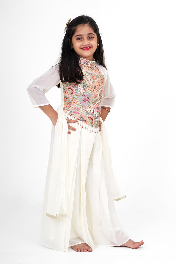 Girls White Georgette Embroidered Sharara Plazo Set with Halter Neck Sharara Clothes