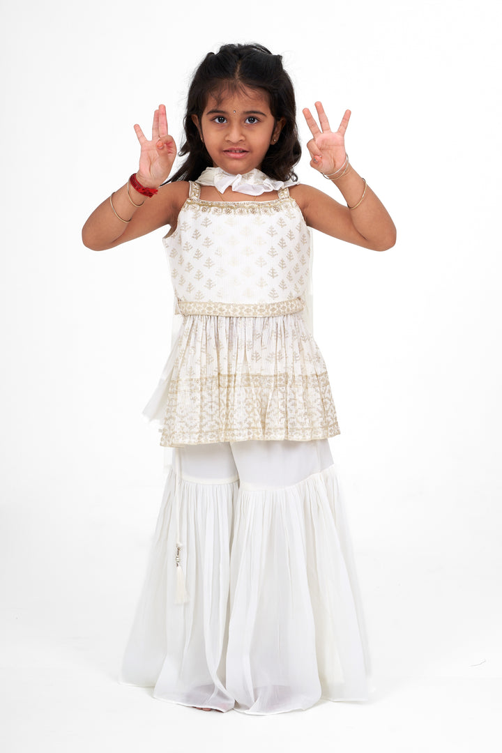 White Georgette Sharara Top and Palazzo Set for Girls with Sequence Embroidery for Celebrations