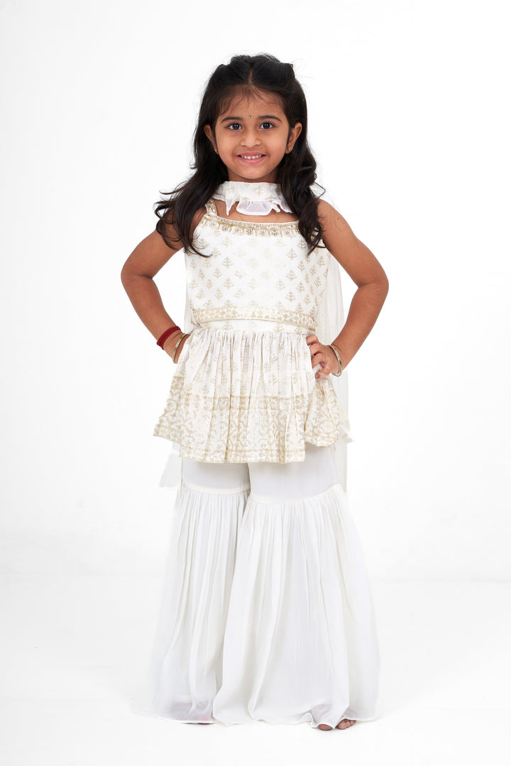 White Georgette Sharara Top and Palazzo Set for Girls with Sequence Embroidery for Celebrations