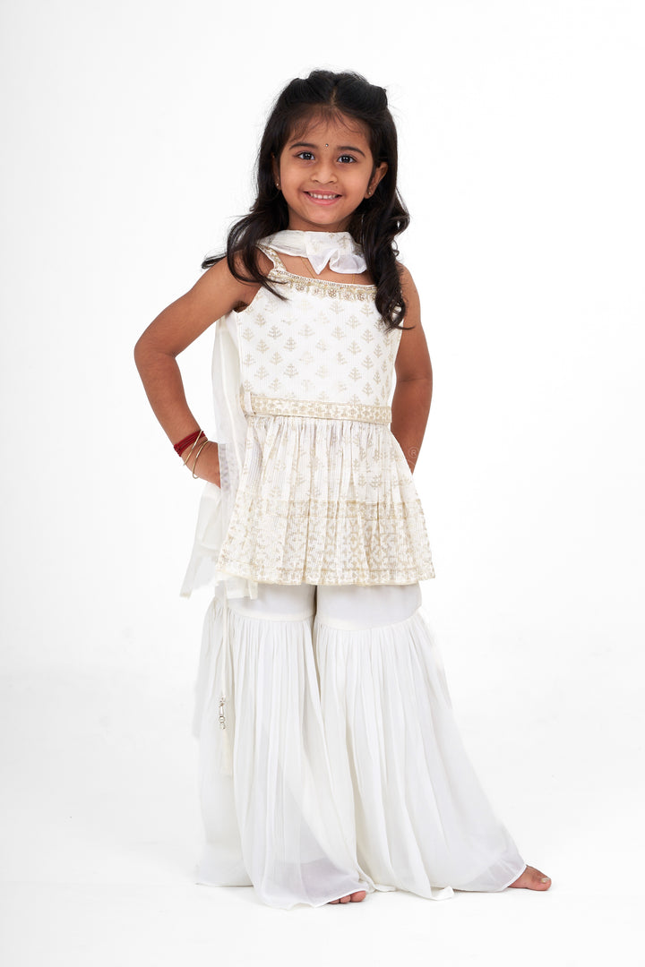 White Georgette Sharara Top and Palazzo Set for Girls with Sequence Embroidery for Celebrations