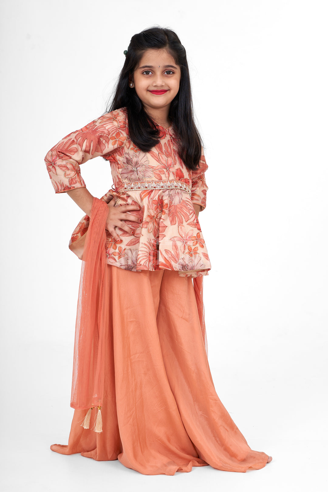 Elegant Girls Sharara for Women in Shimmer Organza with Floral Embroidery and 3/4 Sleeves, Perfect for Festive Occasions