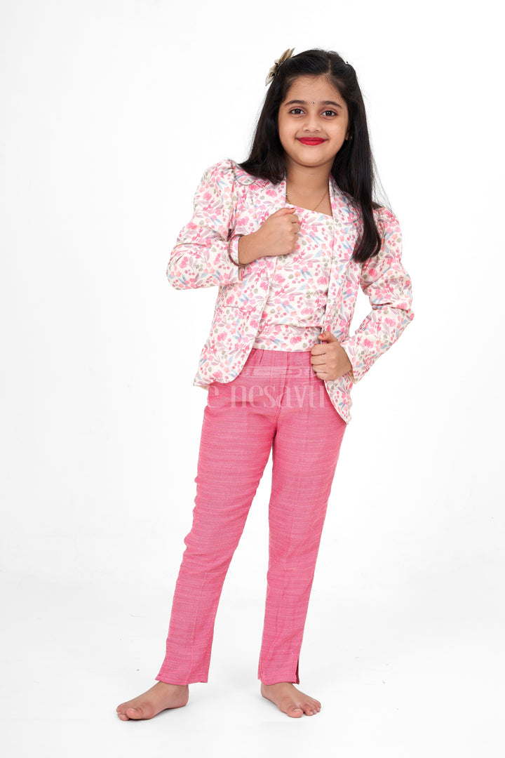 Pink Sharara with Floral Printed Jacket in Flax Cotton Blend, Perfect for Festive and Casual Wear