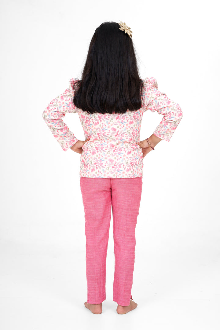 Pink Sharara with Floral Printed Jacket in Flax Cotton Blend, Perfect for Festive and Casual Wear