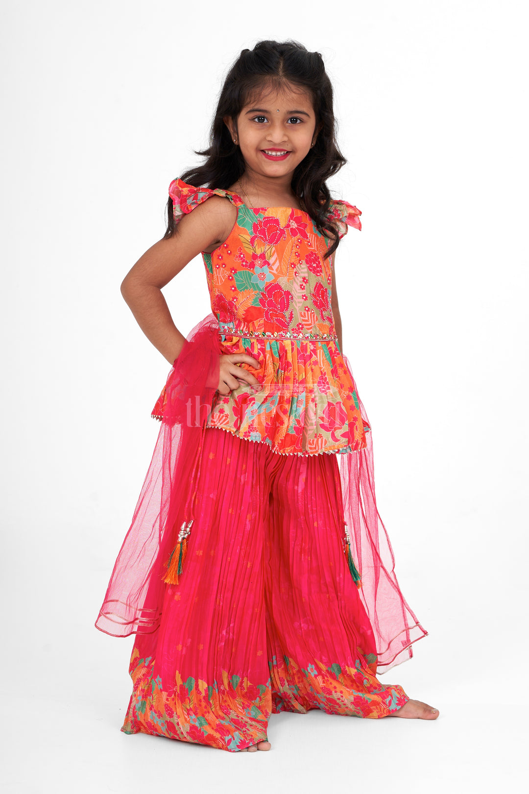 Trendy Girls Plazo Gharara Sharara Set in Chinon Silk with Floral Print and Ruffled Sleeves