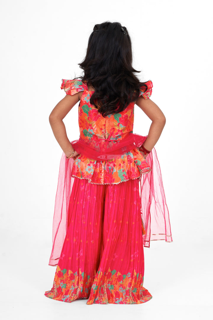 Trendy Girls Plazo Gharara Sharara Set in Chinon Silk with Floral Print and Ruffled Sleeves