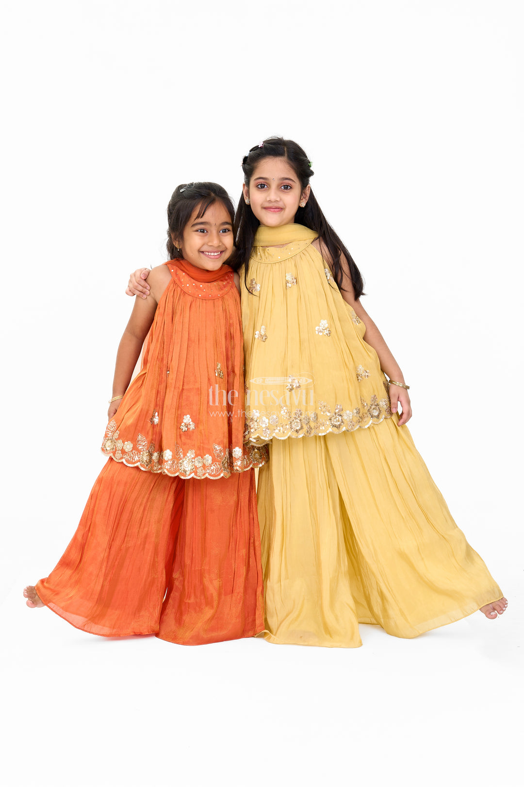 Girls Viscose Silk Sharara Set with Embellished Top and Flared Bottoms