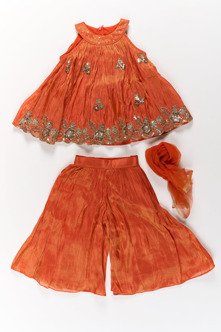 Stylish Girls Orange Viscose Silk Sharara Set with Embroidered Cape for Festive Wear