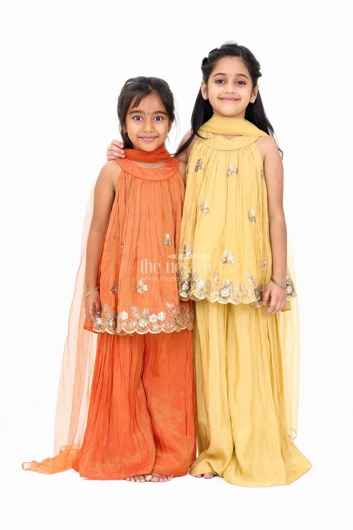 Stylish Girls Orange Viscose Silk Sharara Set with Embroidered Cape for Festive Wear