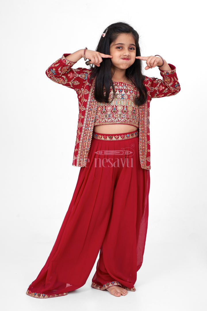 Girls Sharara Set in Georgette with Intricate Embroidery and Matching Jacket for Weddings