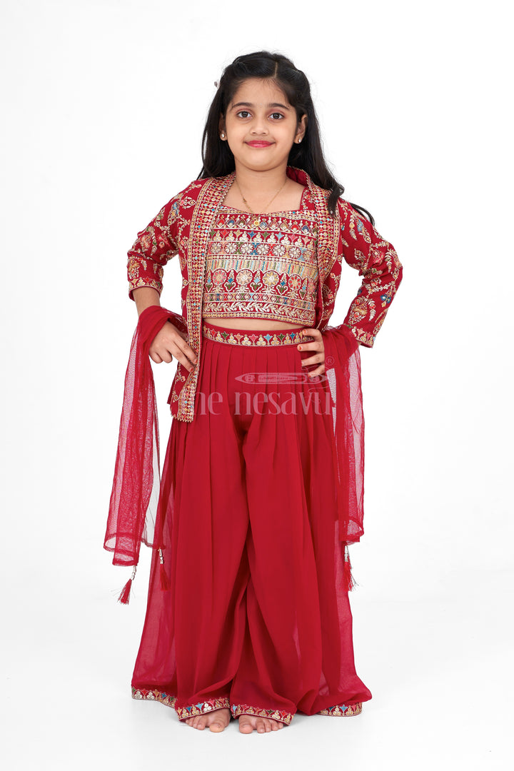 Girls Sharara Set in Georgette with Intricate Embroidery and Matching Jacket for Weddings