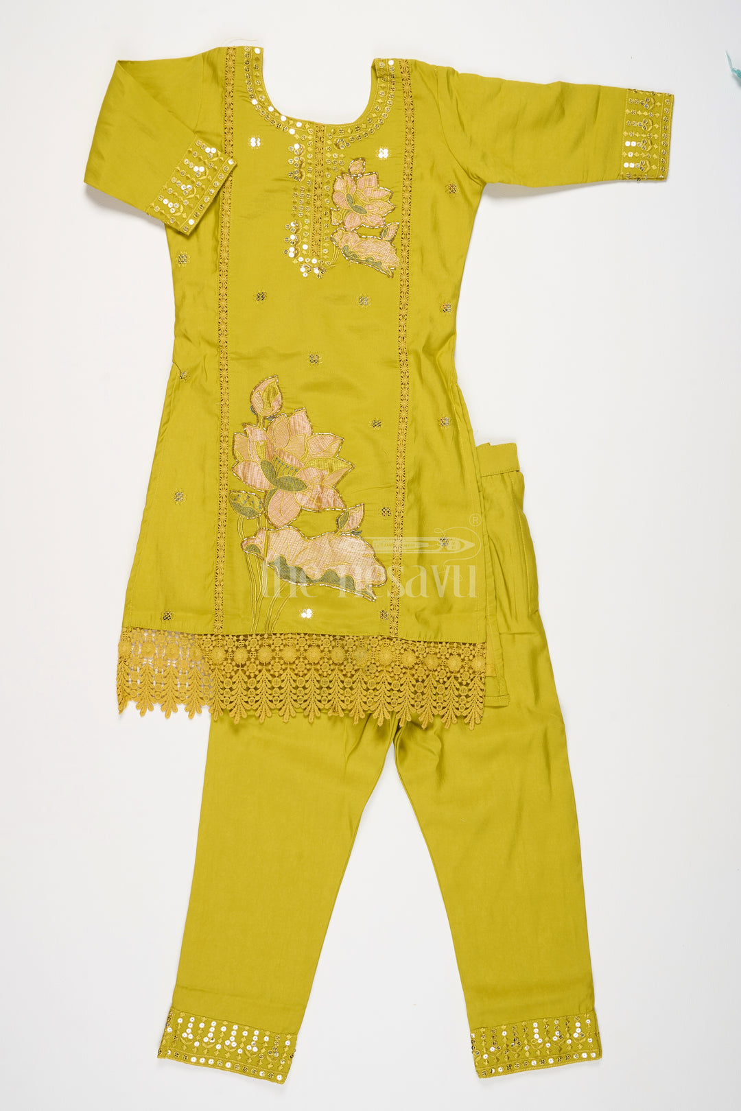 Girls Lime Green Viscose Modal Silk Sharara Choli Set with Lace Detailing for Festive Events and Gatherings