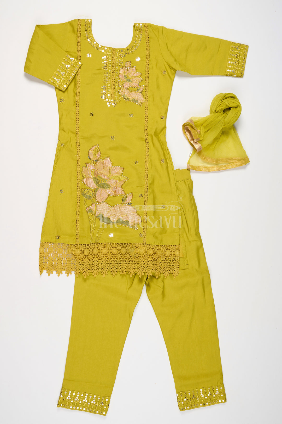 Girls Lime Green Viscose Modal Silk Sharara Choli Set with Lace Detailing for Festive Events and Gatherings