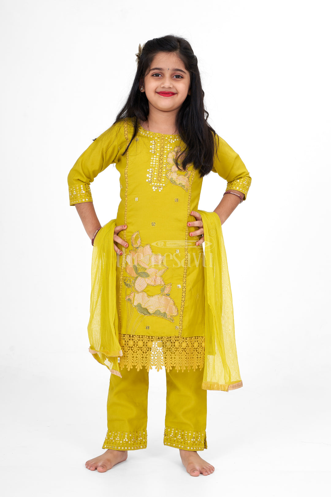 Girls Lime Green Viscose Modal Silk Sharara Choli Set with Lace Detailing for Festive Events and Gatherings