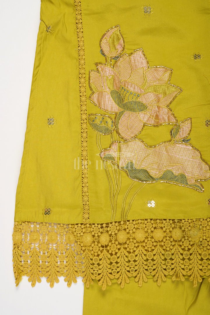 Girls Lime Green Viscose Modal Silk Sharara Choli Set with Lace Detailing for Festive Events and Gatherings