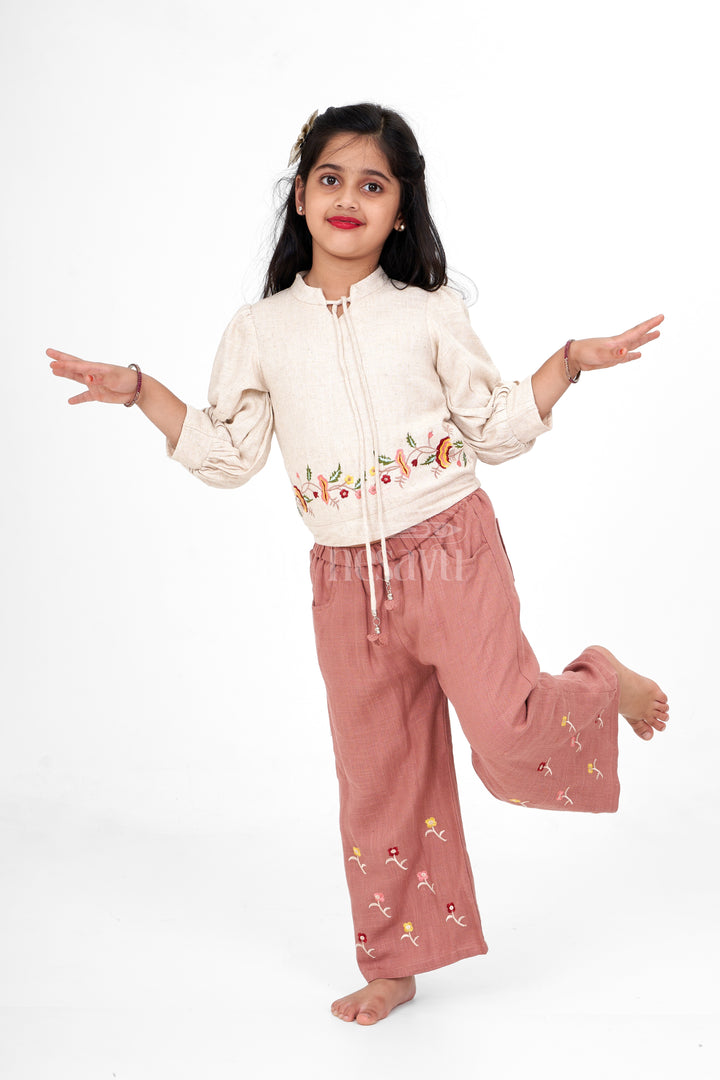 Girls Flax Cotton Sharara Set in Beige and Brown with Floral Embroidery for Eid and Family Gatherings