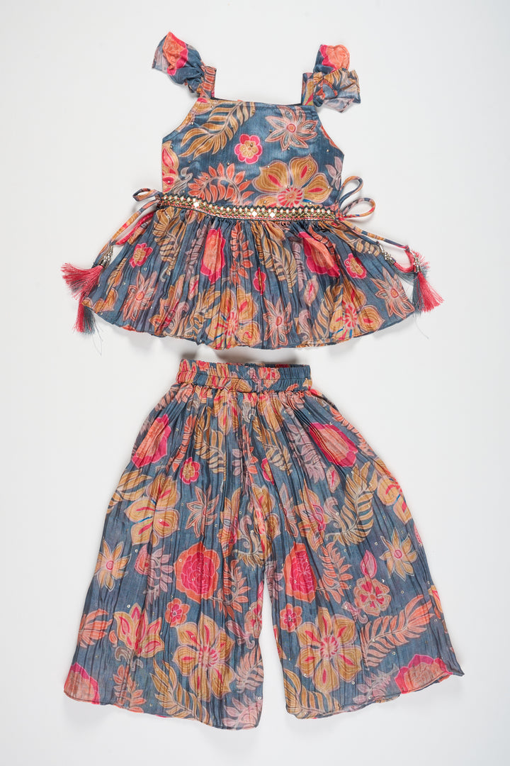 Girls Printed Chinon Silk Palazzo Set with Floral Top Perfect for Festive Occasions