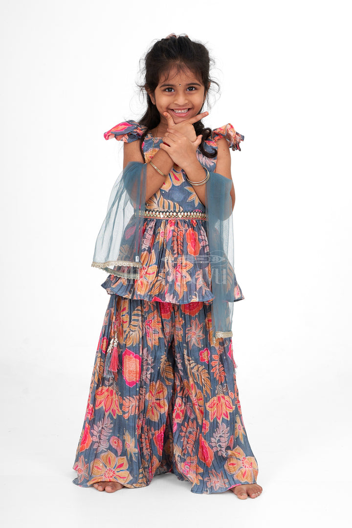 Girls Printed Chinon Silk Palazzo Set with Floral Top Perfect for Festive Occasions