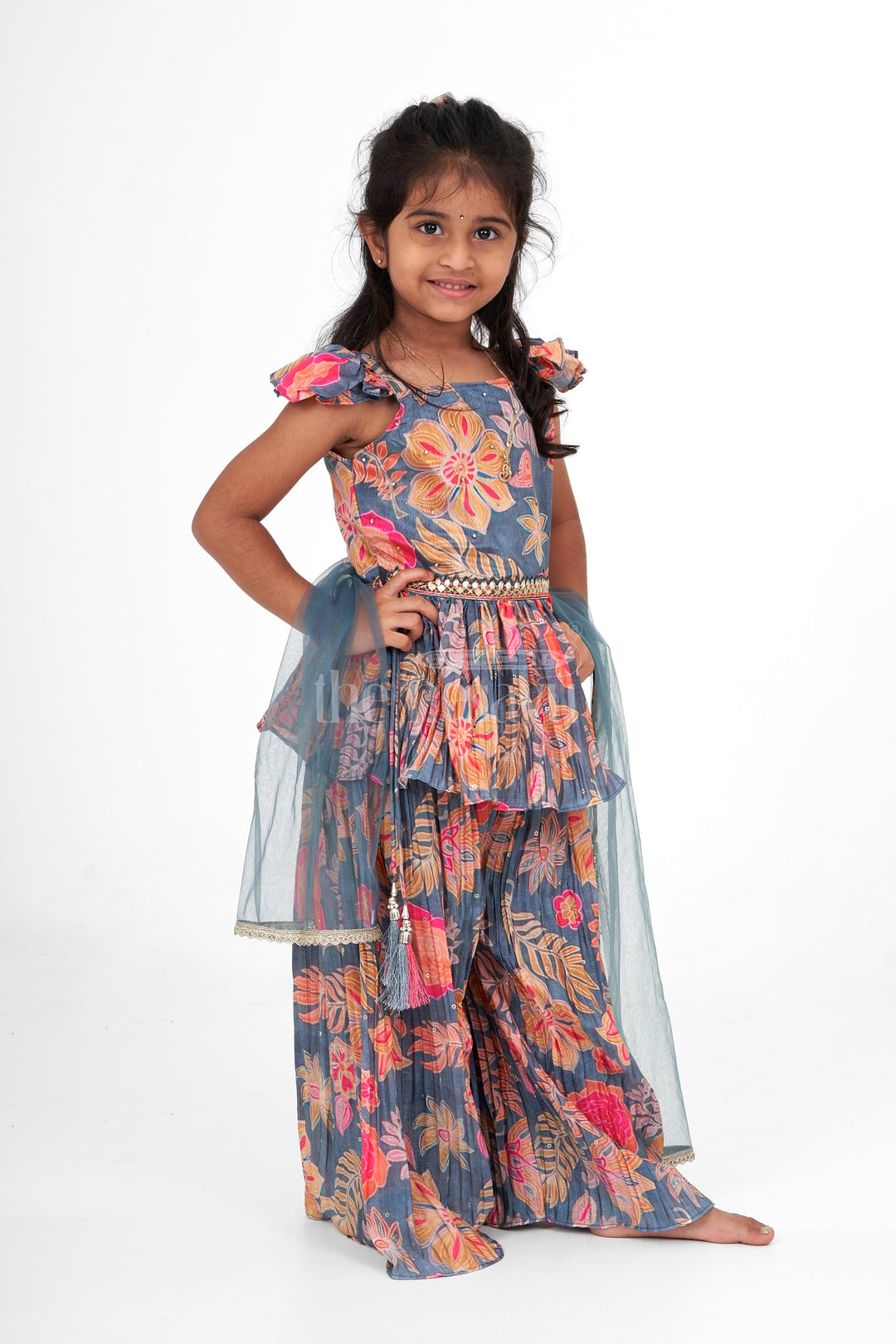 Girls Printed Chinon Silk Palazzo Set with Floral Top Perfect for Festive Occasions