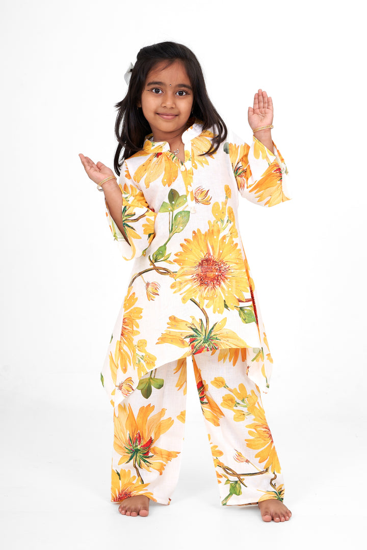 Girls Palazzo Pants and Shirt Set in Blended Fabric with Yellow Floral Print Ideal for Summer Outings