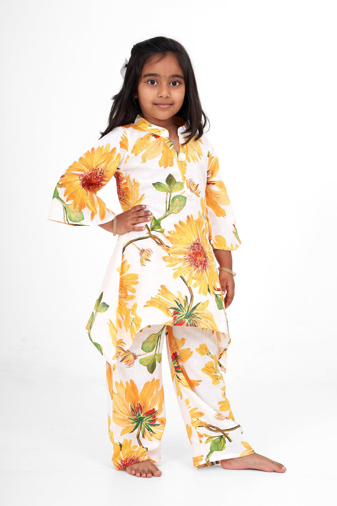 Girls Palazzo Pants and Shirt Set in Blended Fabric with Yellow Floral Print Ideal for Summer Outings