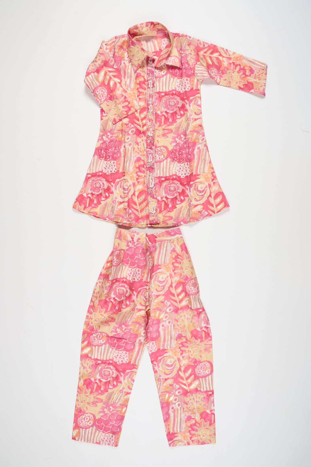 Girls Pink Palazzo Pants and Chanderi Printed Shirt Set Elegant Outfit for Special Occasions