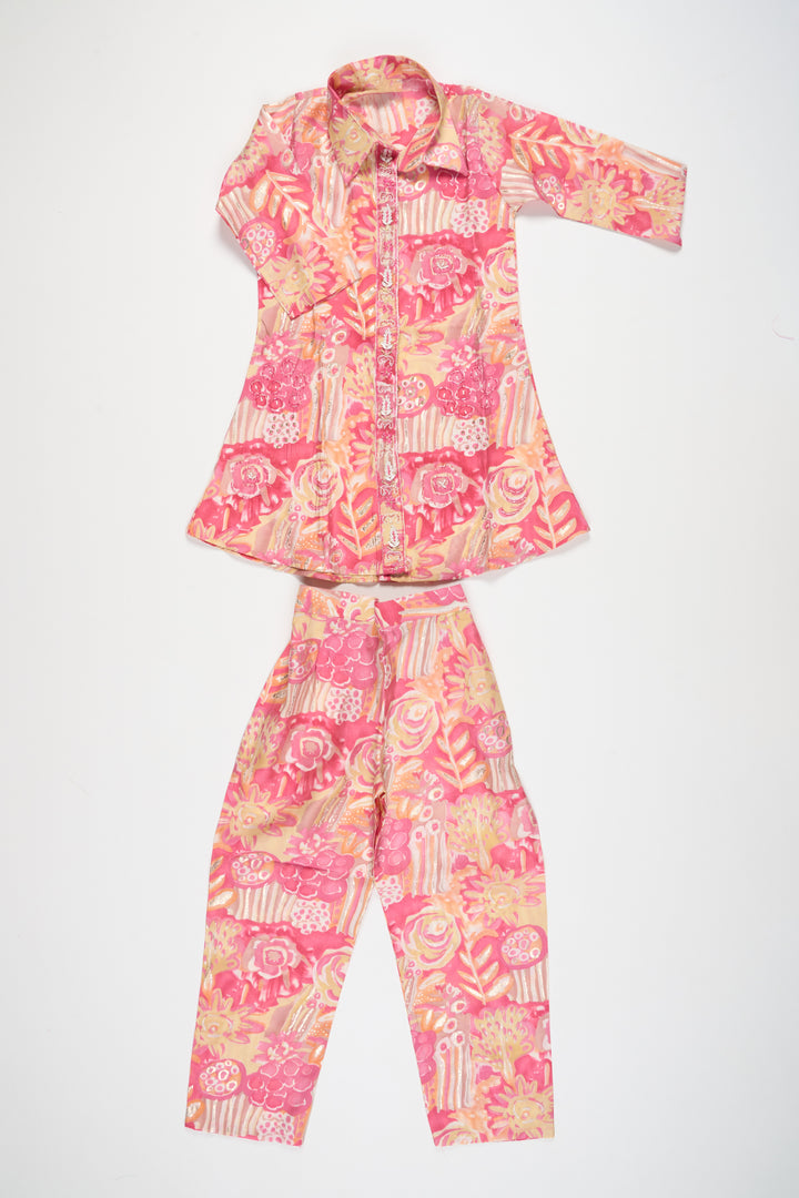 Girls Pink Palazzo Pants and Chanderi Printed Shirt Set Elegant Outfit for Special Occasions