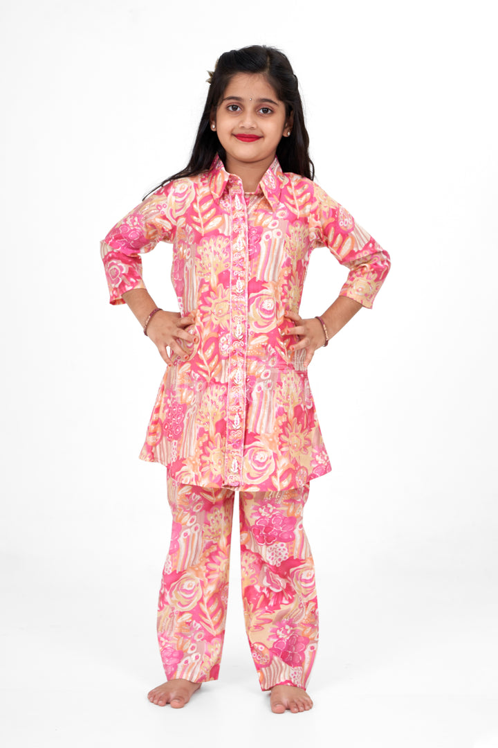 Girls Pink Palazzo Pants and Chanderi Printed Shirt Set Elegant Outfit for Special Occasions