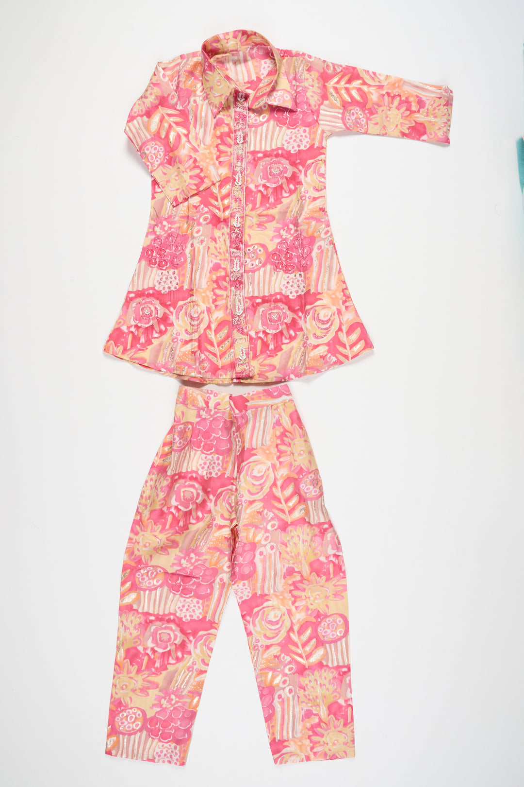 Girls Pink Palazzo Pants and Chanderi Printed Shirt Set Elegant Outfit for Special Occasions