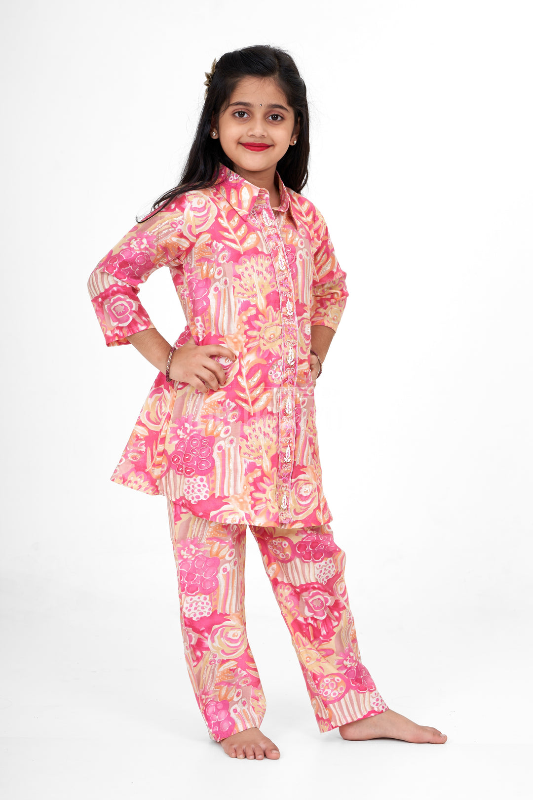 Girls Pink Palazzo Pants and Chanderi Printed Shirt Set Elegant Outfit for Special Occasions