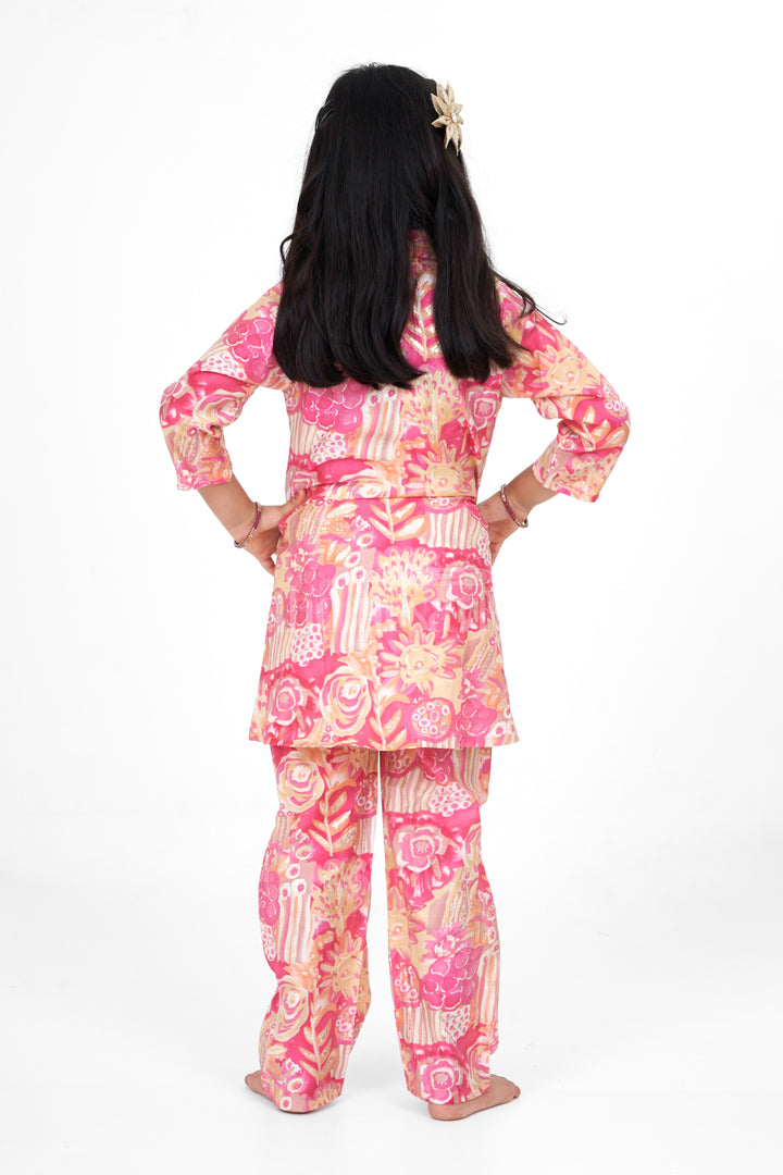 Girls Pink Palazzo Pants and Chanderi Printed Shirt Set Elegant Outfit for Special Occasions