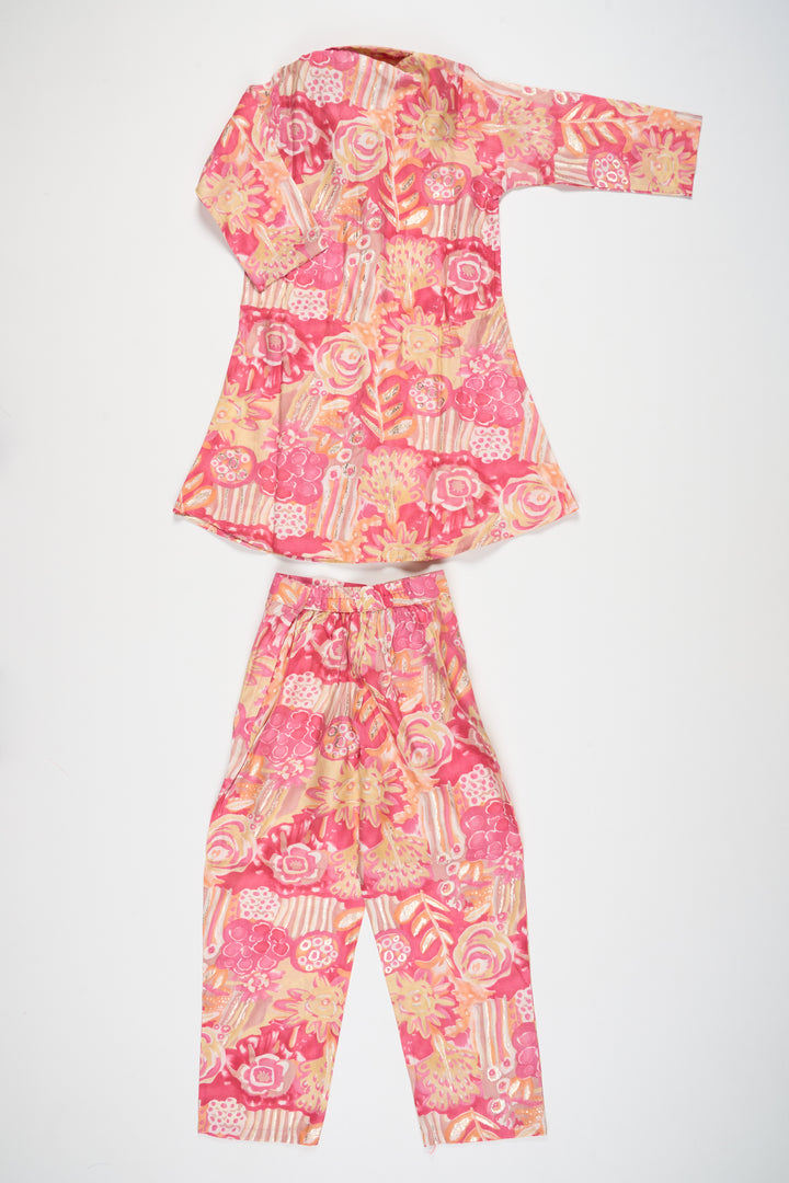 Girls Pink Palazzo Pants and Chanderi Printed Shirt Set Elegant Outfit for Special Occasions