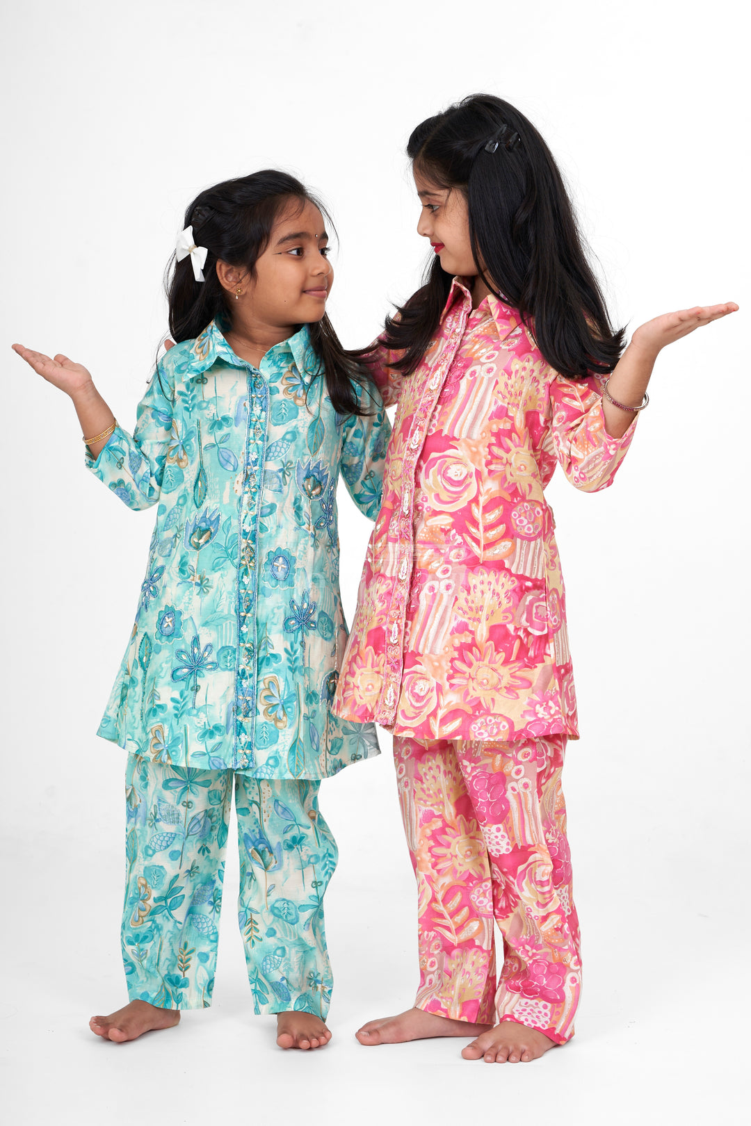 Girls Pink Palazzo Pants and Chanderi Printed Shirt Set Elegant Outfit for Special Occasions