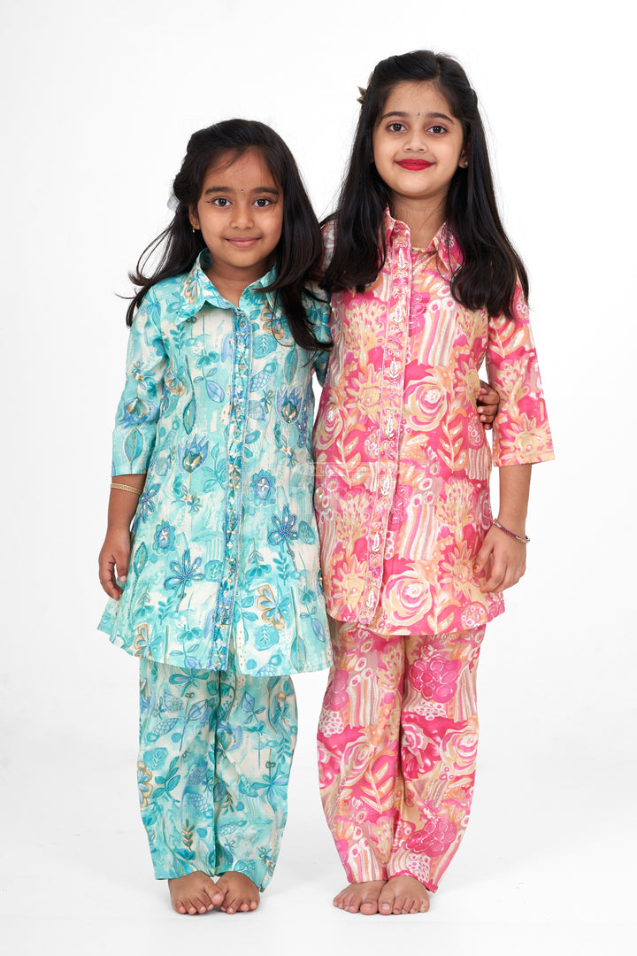 Girls Pink Palazzo Pants and Chanderi Printed Shirt Set Elegant Outfit for Special Occasions