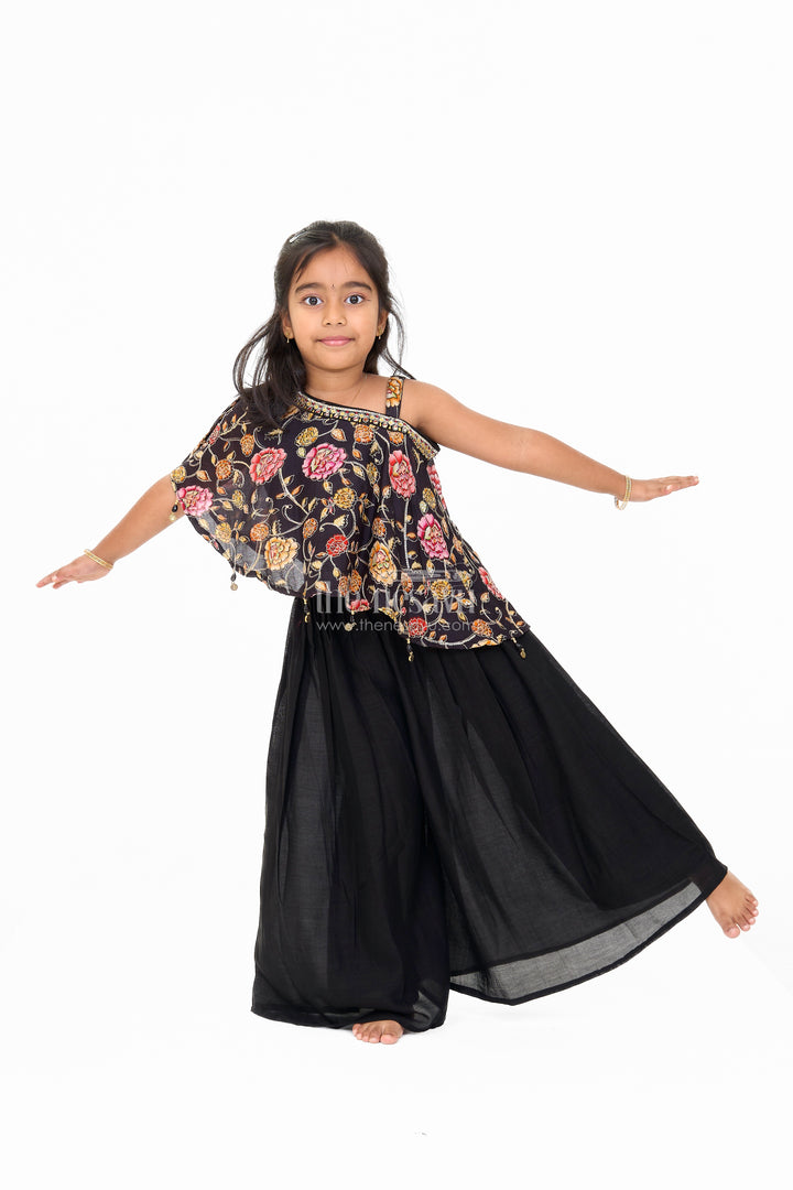 Girls Christmas Themed Dresses in Black Georgette with Floral Cape