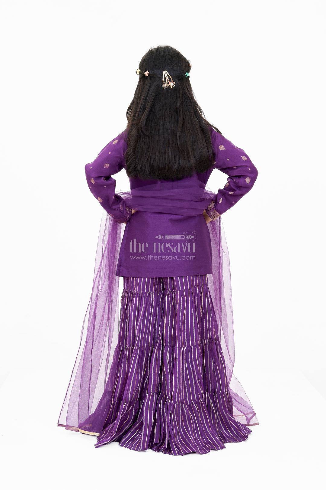 Girls Viscose Silk Sharara Set in Purple with Embellished Kurta and Ruffled Pants