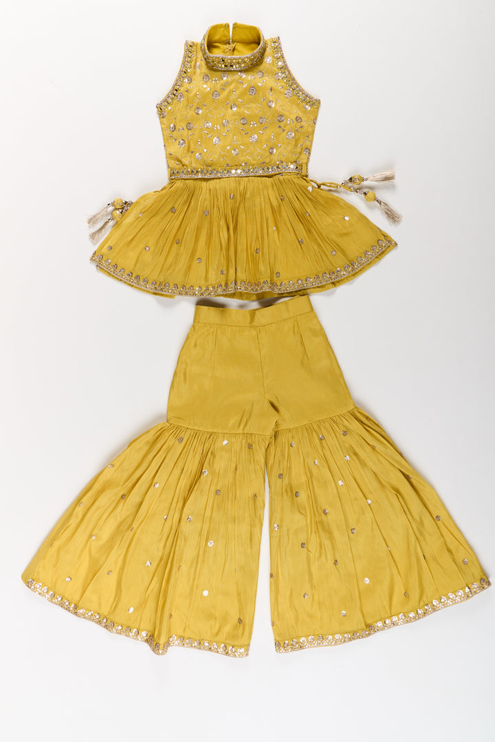 Elegant Yellow Georgette Girls Sharara Set with Sequin Embroidery and Peplum Top