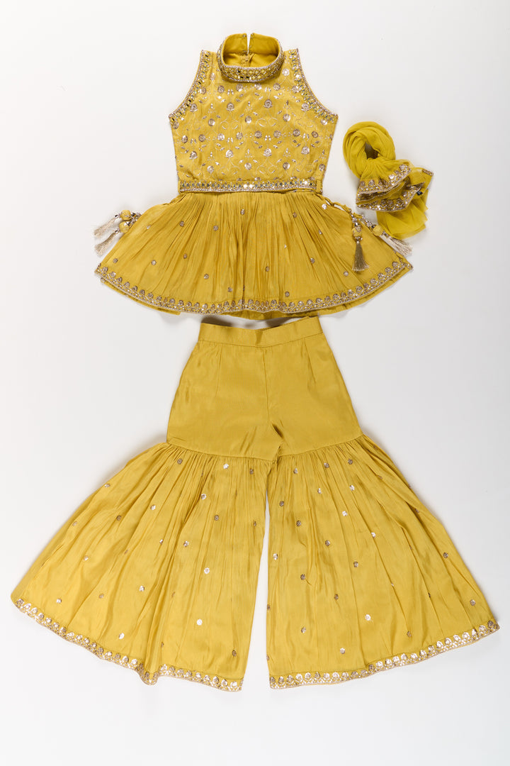 Elegant Yellow Georgette Girls Sharara Set with Sequin Embroidery and Peplum Top