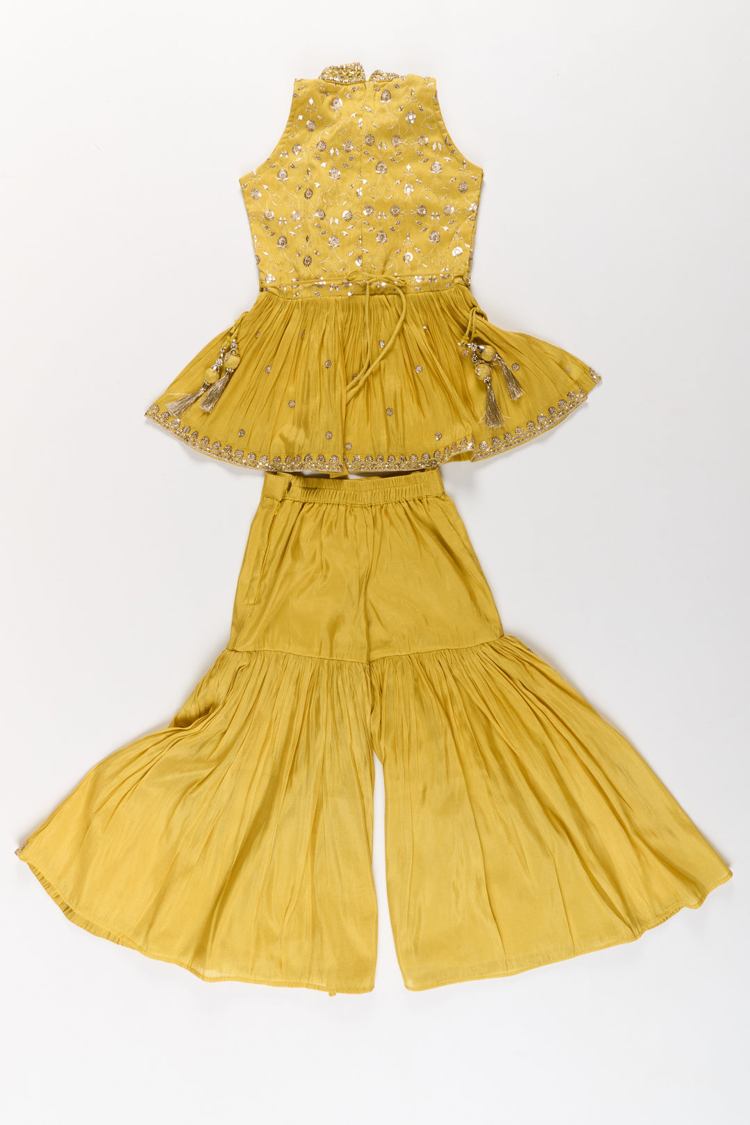 Elegant Yellow Georgette Girls Sharara Set with Sequin Embroidery and Peplum Top