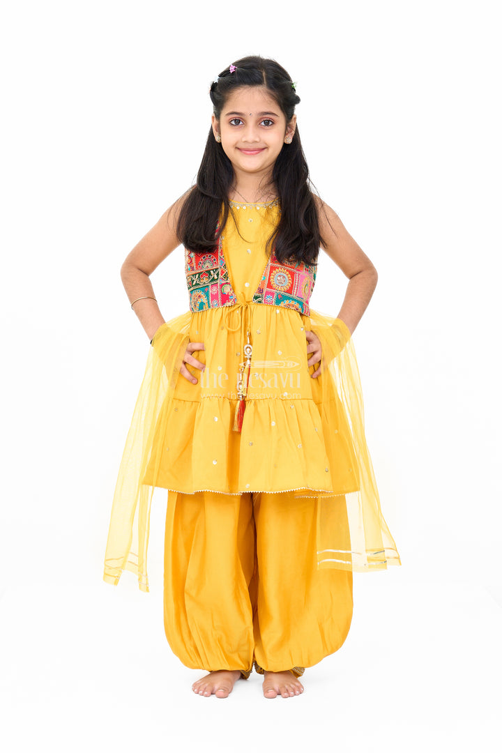 Girls Yellow Georgette Suit Set with Embellished Ethnic Jacket and Matching Dupatta