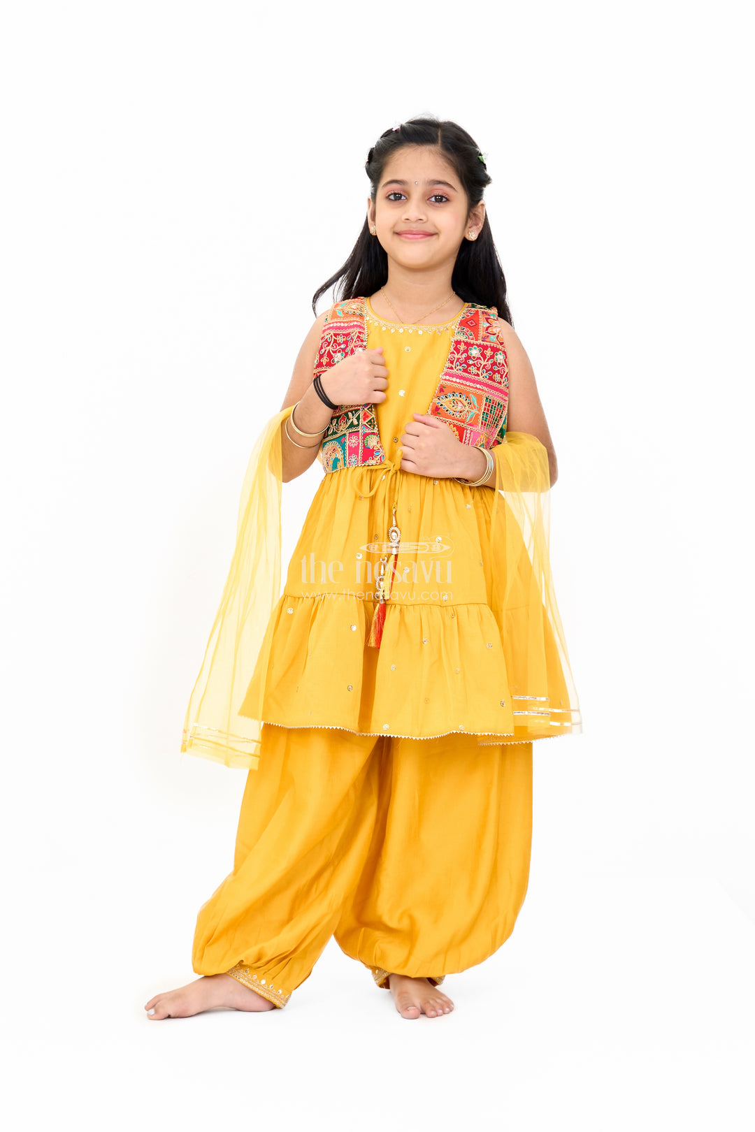 Girls Yellow Georgette Suit Set with Embellished Ethnic Jacket and Matching Dupatta