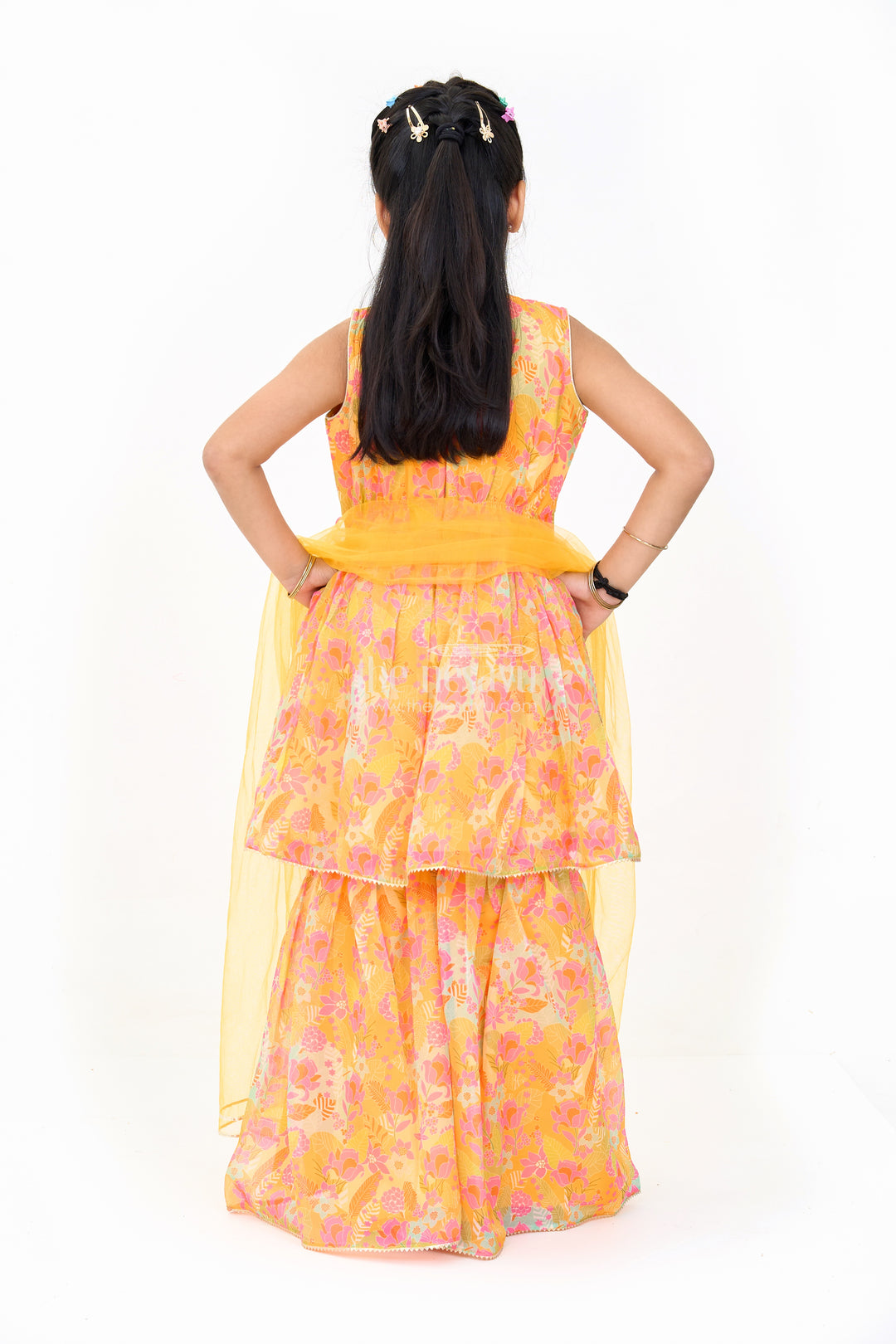 Girls Mustard Ethnic Sharara Dress with Floral Print and Sequin Detailing