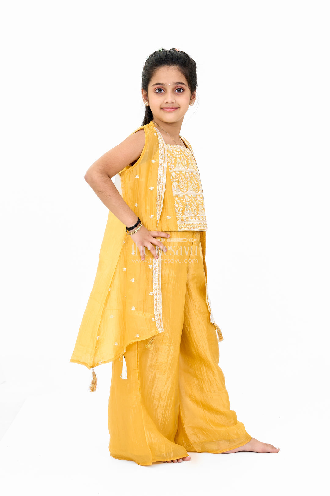 Girls Mustard Palazzo Pants with Embroidered Crop Top and Long Jacket for Festive Wear