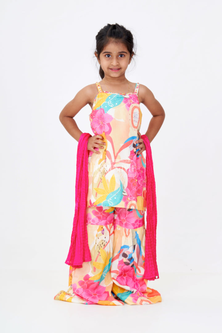 Girls Pure Muslin Silk Digital Printed Kurti with Sharara Set for Festive and Ethnic Wear