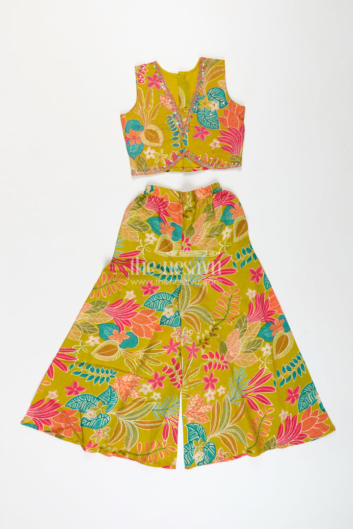Girls Yellow Casual Dress in Muslin Silk with Digital Printed Patterns and Stylish Two-Piece Set