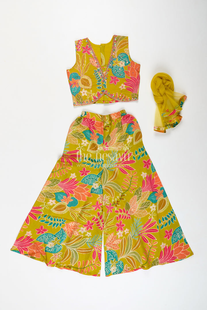 Girls Yellow Casual Dress in Muslin Silk with Digital Printed Patterns and Stylish Two-Piece Set