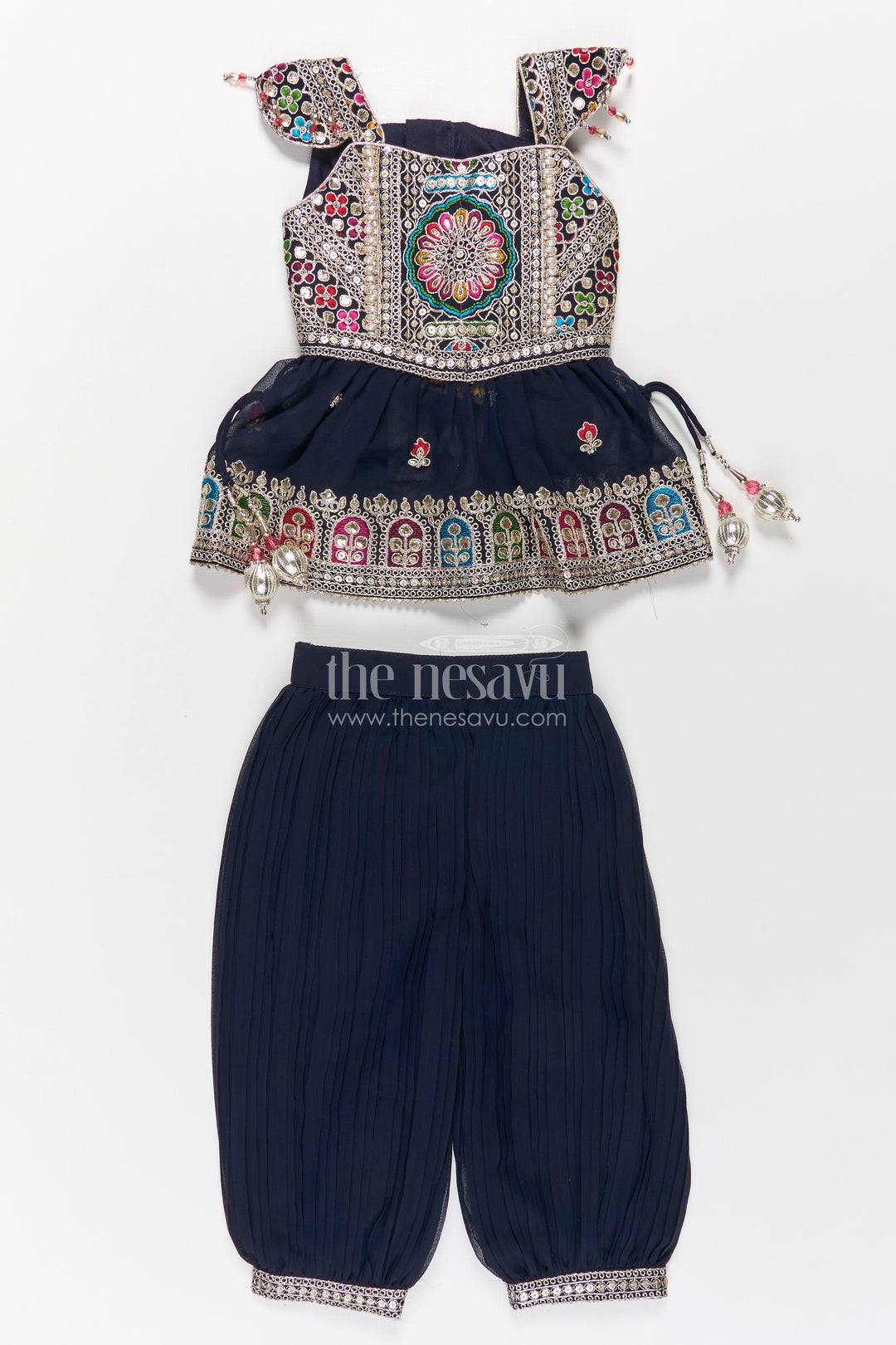 Girls Navy Blue Georgette Churidar Dress with Thread Embroidery and Colorful Sequins for Festive Charm