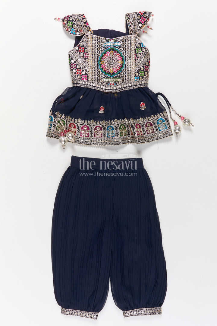 Girls Navy Blue Georgette Churidar Dress with Thread Embroidery and Colorful Sequins for Festive Charm