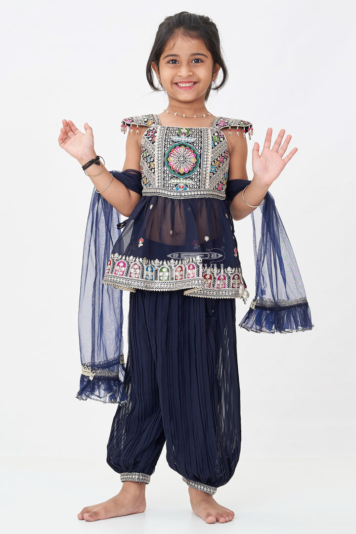 Girls Navy Blue Georgette Churidar Dress with Thread Embroidery and Colorful Sequins for Festive Charm